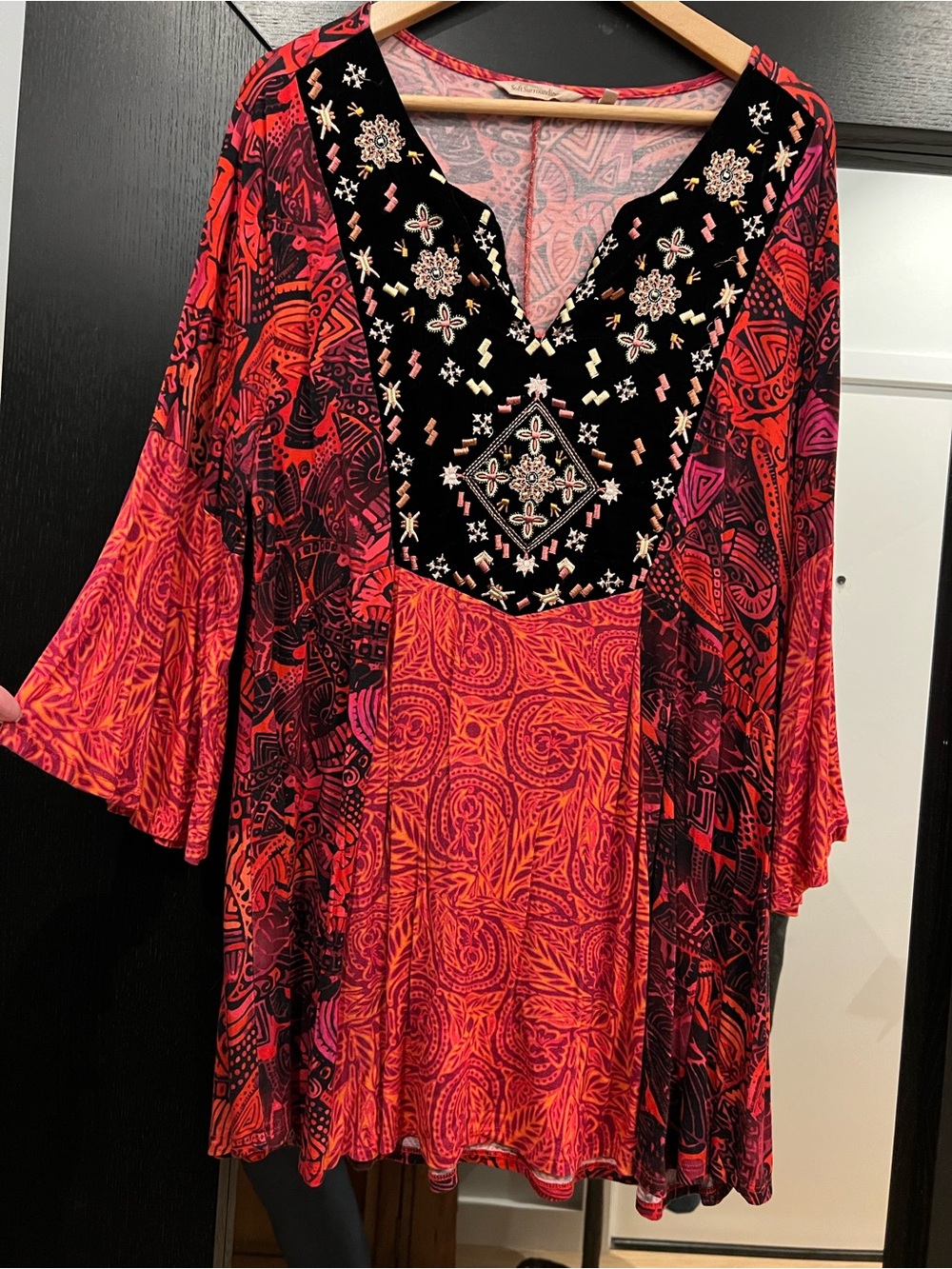 Soft Surroundings Red & Pink Embellished Boho V-Neck Tunic